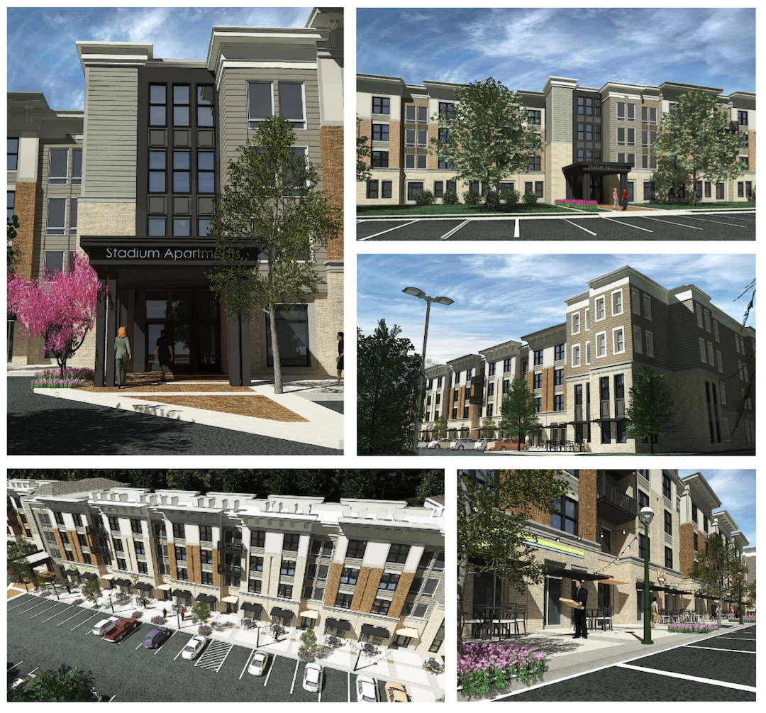 Concept images for a new development show a four-story mixed-use building.